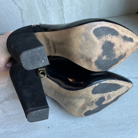 Zara Trafaluc black Leather suede zip-up ankle booties EU 37 gold hardware - Picture 9 of 10